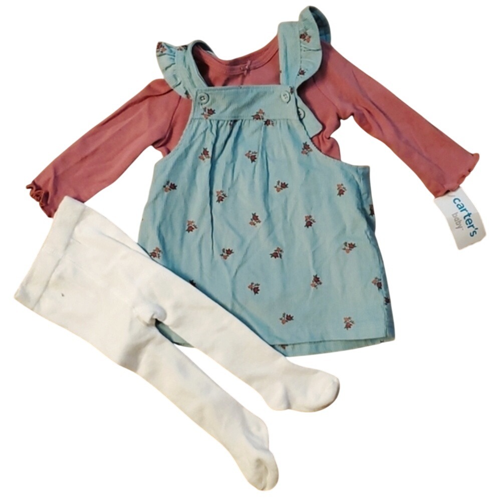 Carters Girls 3 piece Aqua Floral Corduroy Jumper with Matching Shirt Outfit 6M‎